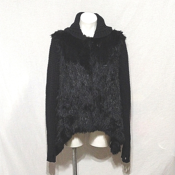 Le Rok Luxe Rabbit Fur Cardigan Sweater Jacket With Hoodie Medium - Picture 2 of 11